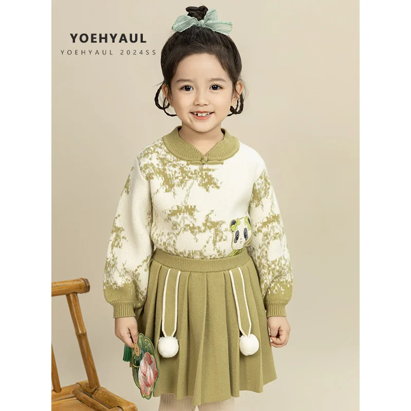 YOEHYAUL D3695 Winter Chinese Horse Face Skirt Set for Girls Cute Panda Embroidery Pullover Knitted Sweater Set for Children
