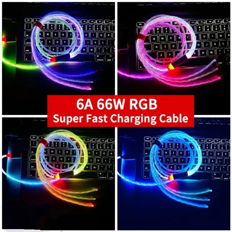 3 in 1 Fast Charging Type C Cable 66W 6A Micro USB RGB Colorful Streamer Glowing Line 8Pin Charger Cable For iPhone For Samsung
