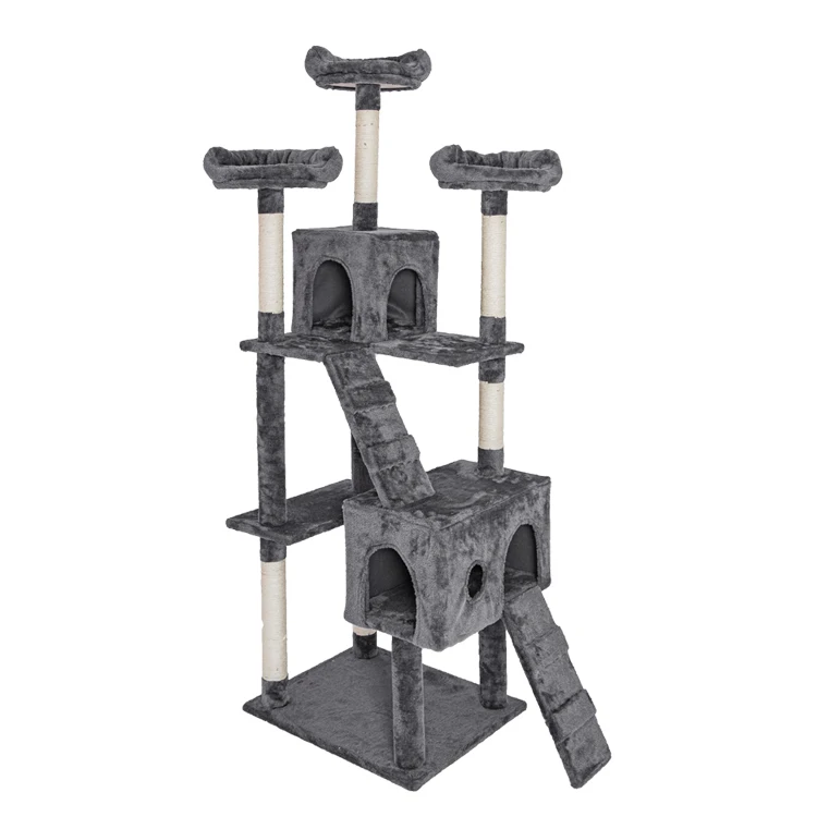 Custom Wooden Double Luxury House & Furniture Condo Cat Pole Wood Tower Sisal Fabric Scratch Cat Post Tree with Toy Ball