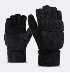 Winter Warm Wool Knit Flip Fingerless Gloves Mittens With Leather Palm
