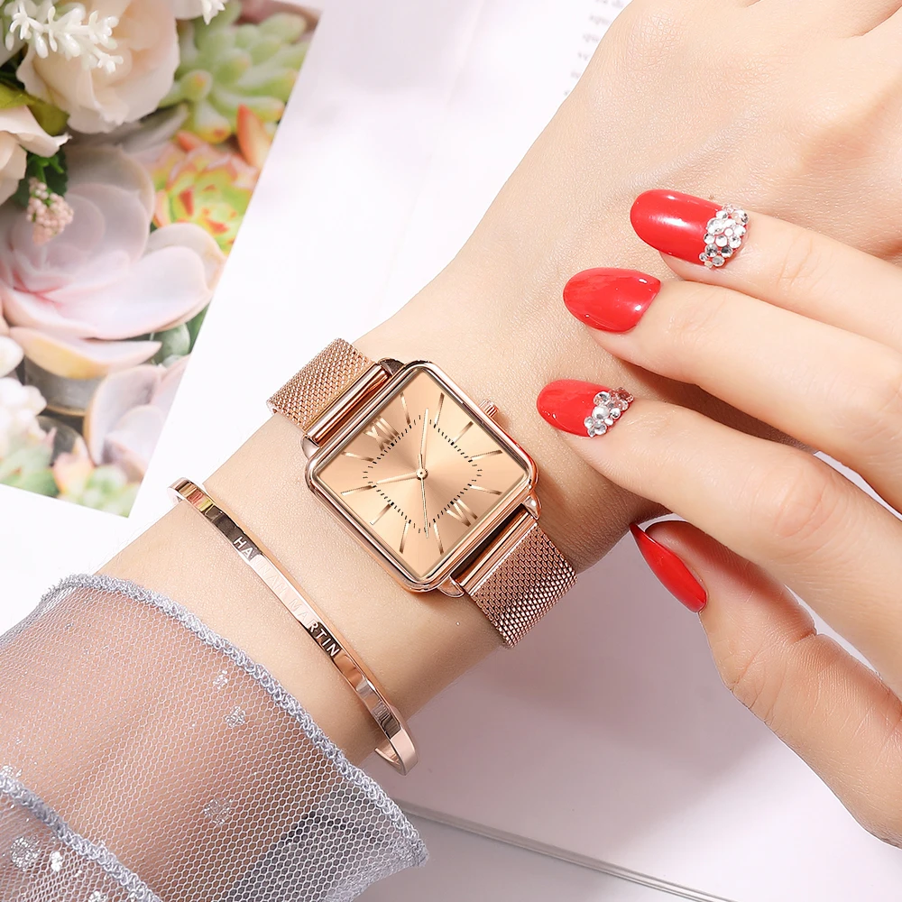  HM-1082 топ роскошные женские часы для женщин розового золотистого цвета на ремешке с зацепами квадратном каблуке; Циферблат кварцевые наручные часы-браслет подарок