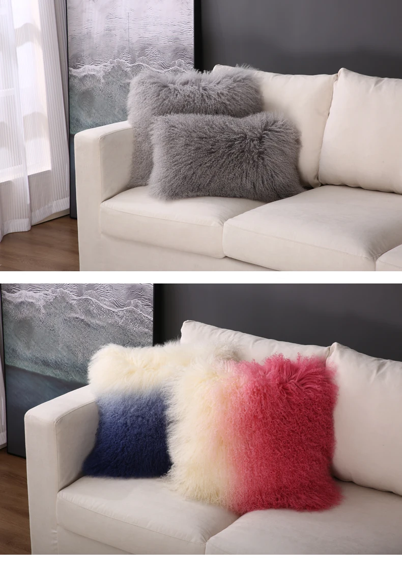 High Quality Customize Size  Real Long Curly Mongolian Lamb Fur Cushion Pillow Cover 45 CM 50 CM