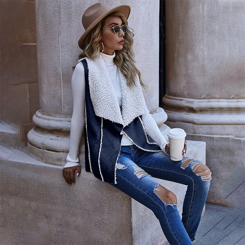 New Arrival Casual Solid Color Sleeveless Reversible Splicing Large Lapel Faux Fur Loose Women suede Vest Coat