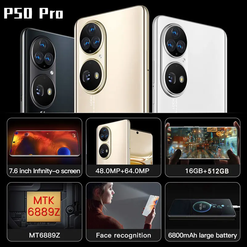 Hot Selling P50 Pro Unlocked Version 48MP+68MP 10 Core Dual SIM Ram16GB+ROM 512GB Phone 7.6 Inch Android 11.0 Phone Smartphone