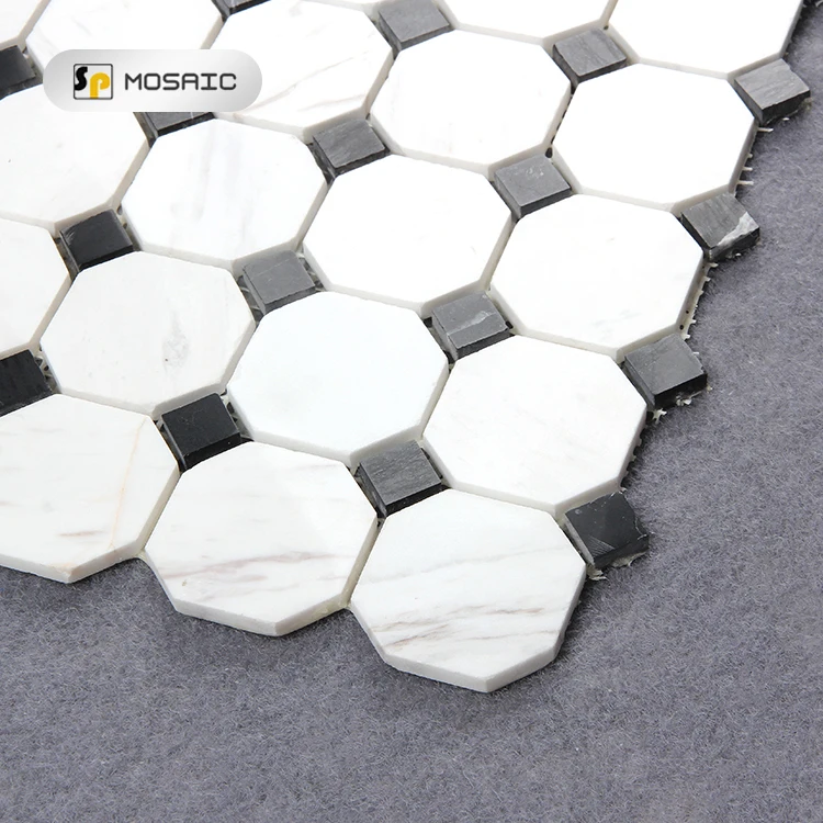 Black Dot Thassos White Marble Polished Mosaic Italian Carrara Marble Floor Tile Octagon Black and White Stone Mosaic 298*298mm