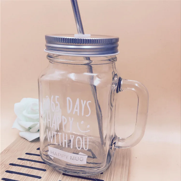 Top Seller Hot Sale Wholesale Colored Glass Mason Jars Cup With Handle And Straw