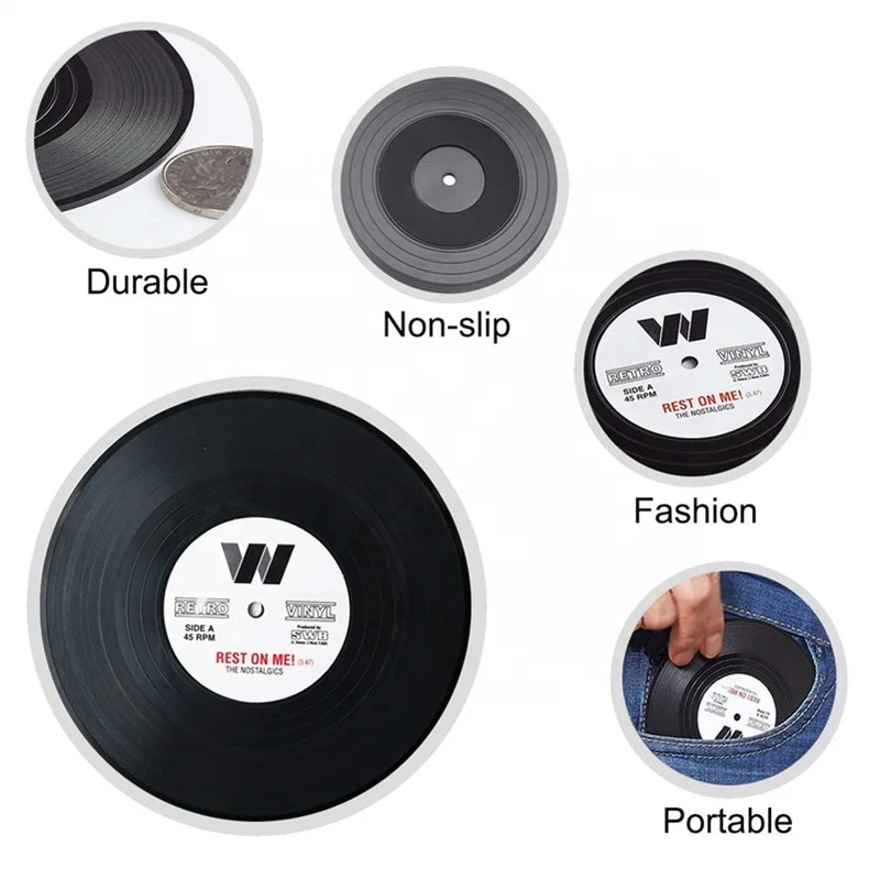 6 Pieces Custom Fashion Rubber Vinyl Record Retro Drink Coaster