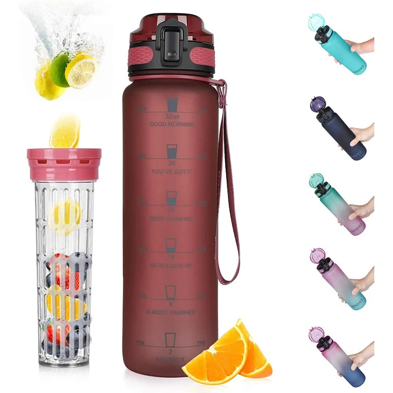 
Trend 2021 32 oz Portable fruit infuser Sport Plastic Drinking Water Bottle with Motivational Time Marker 