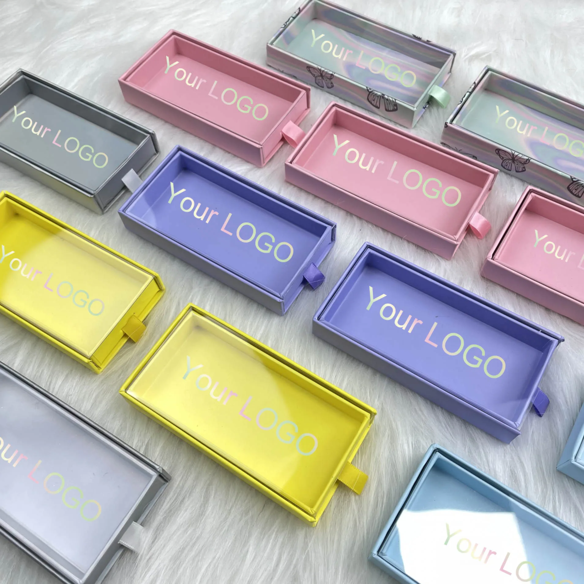 Lash Slide Drawer Box Private Label Support Wholesale Low MOQ Affordable Customize purple PVC Lash Box Mink Lashes Free Samples