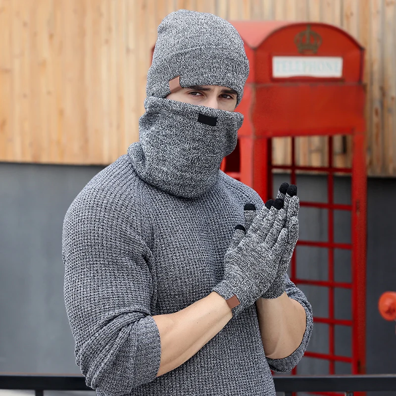 Индивидуальный уличный зимний теплый мужской вязаный акриловый головной убор шапочка шарф и перчатки наборы