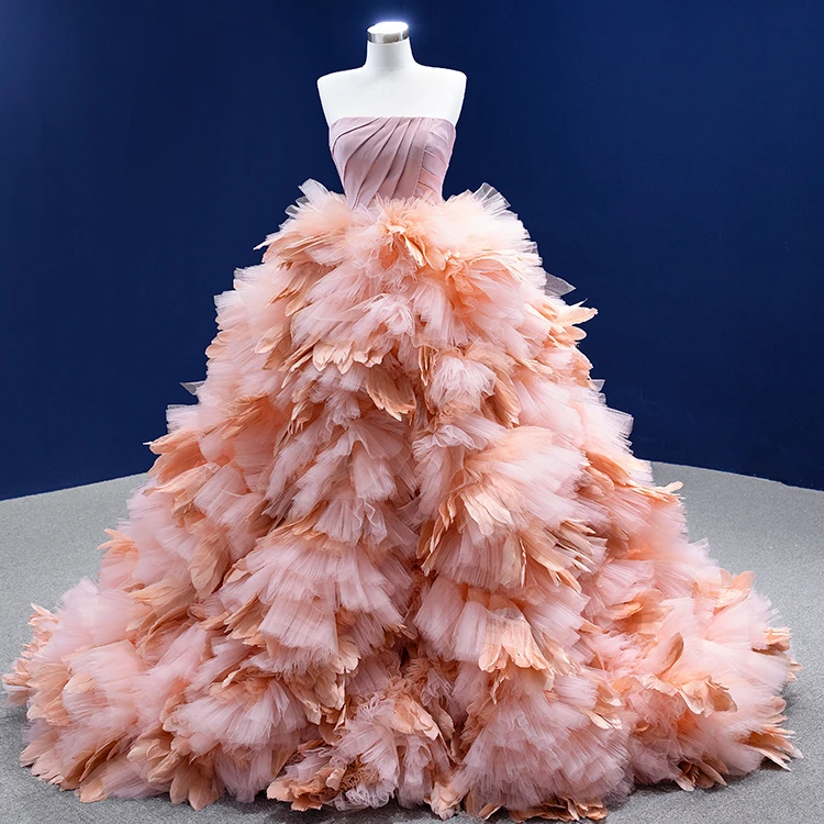 QUEENSGOWN  sweetheart ruched princess bubble pleat tiered pink soft tulle off-shoulder ball gown