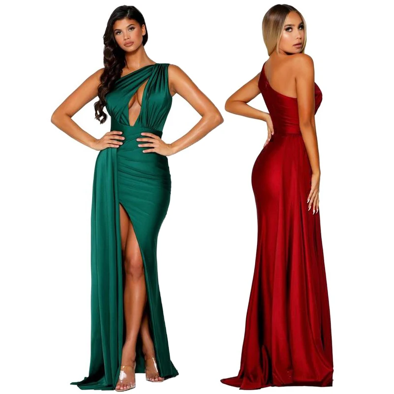 Sleeveless Stretch Satin Pleated Drawstring V Neck Drap Side Ribbon Split Sexy Cut Out Evening Gown Maxi Dress