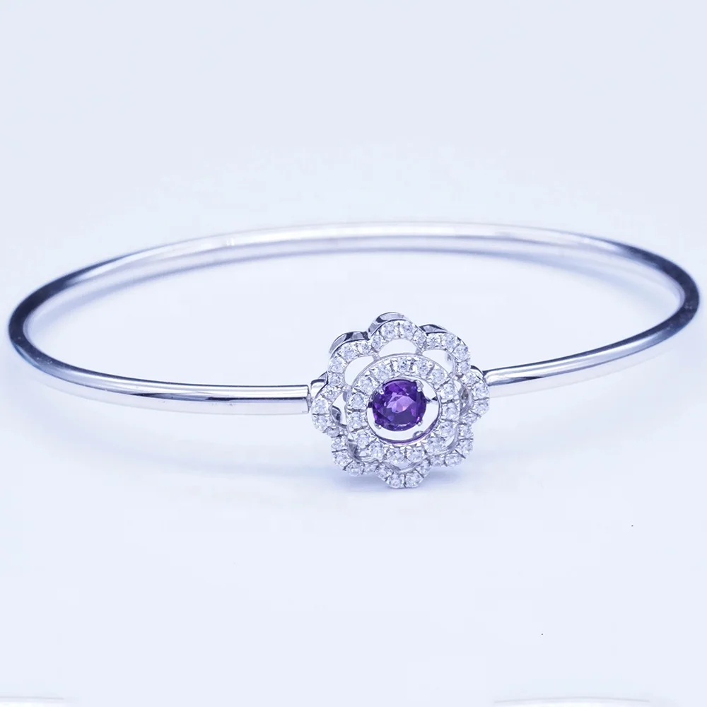 Simple Thin 925 Silver Flower Design Purple Cz Bracelet Bangle