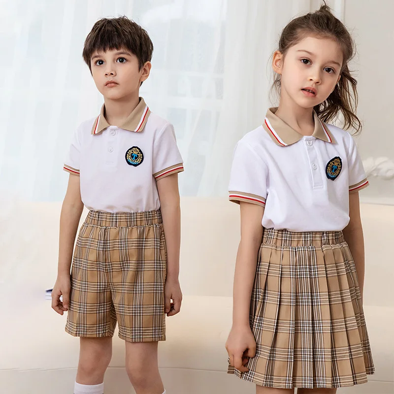 custom kids polo t-shirt plaid skirt shorts high middle primary kindergarten school uniform for kids boys girls