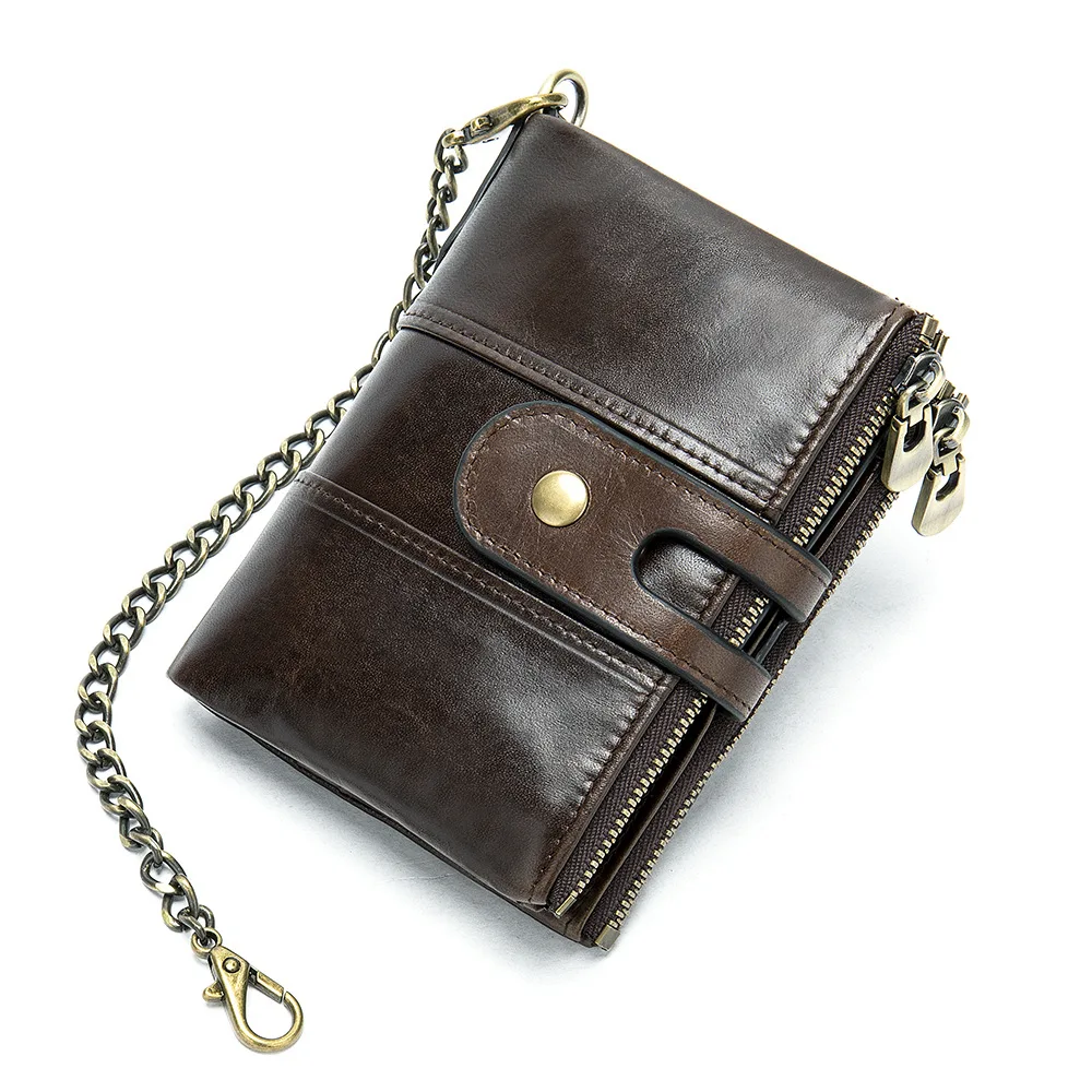 RFID Genuine Cowhide Leather Luxury Purse Men Good Quality Small Mini Leather Wallets Vintage Gents Mens Slim Wallet With Chains