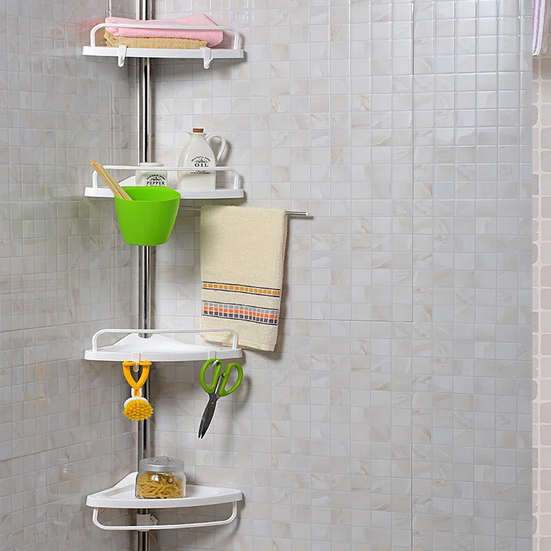 4 Tier wall mounted Telescopic Bathroom Corner Shower Caddy PP plate in white color bathroom shelves   with  a hanging rod