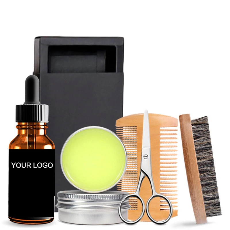Custom Logo 5pcs Beard Grooming Care Kit for Men With 100% Boar Mustache Brush Wooden Comb Original Balm Oil Scissors Growth Set