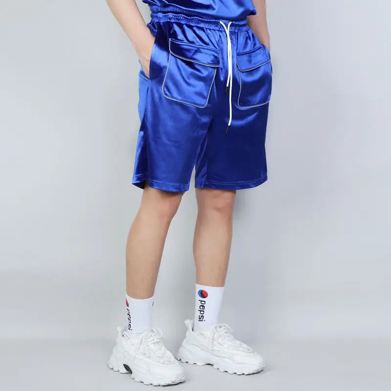 Xuhui Custom Embroidery Street Style Glossy Blue Big Pocket Custom Men Satin Shorts Gym Cargo Shorts For Male