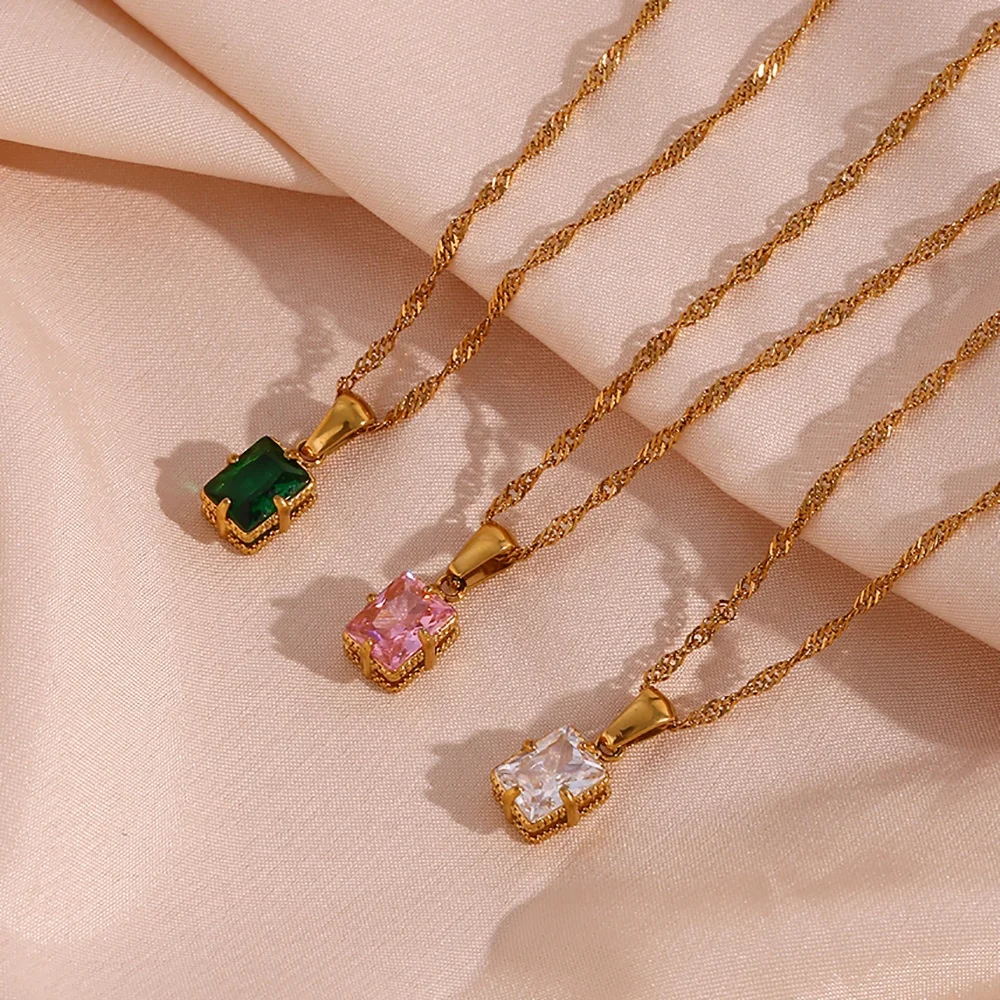 Shining Square Zircon Pendant Necklace 18K Gold Plated Stainless Steel Necklace For Women