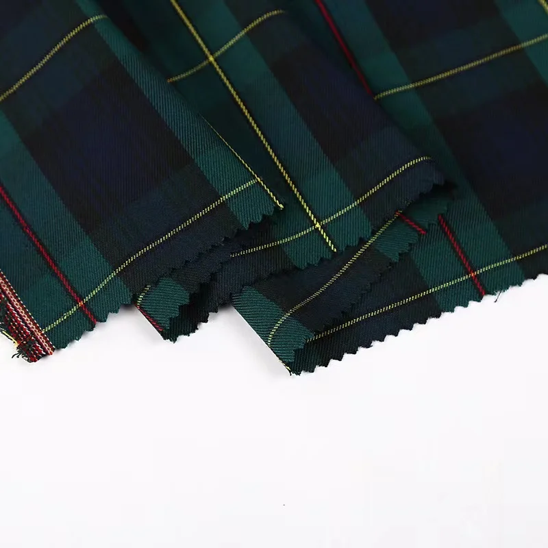 Factory 65%POLY 35%RAYON  yarn dyed plaid green check woven fabric for school uniform skirts