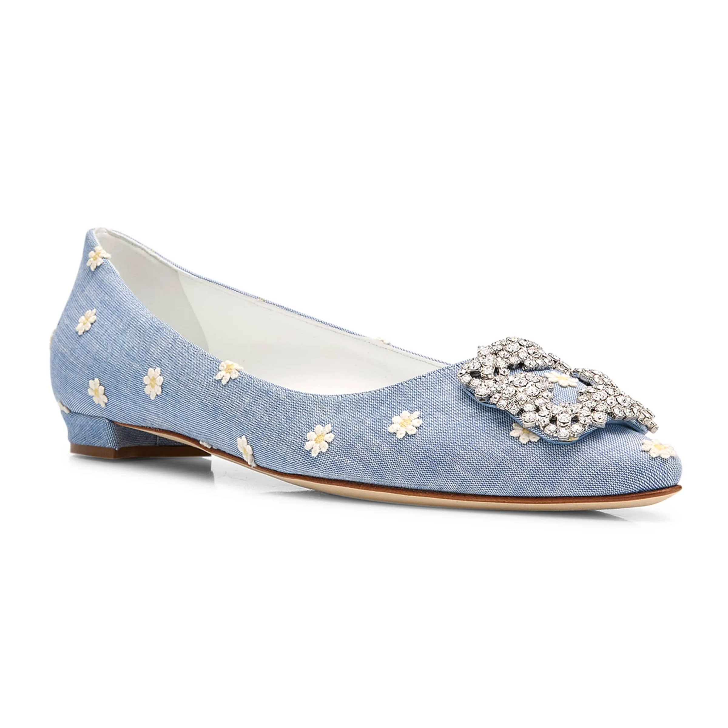 Luxury Hand made Blue Fabric With Daisy Chambray Upper With Crystal-Embellished Buckle Design Pointed Toe Woman Flat Shoes