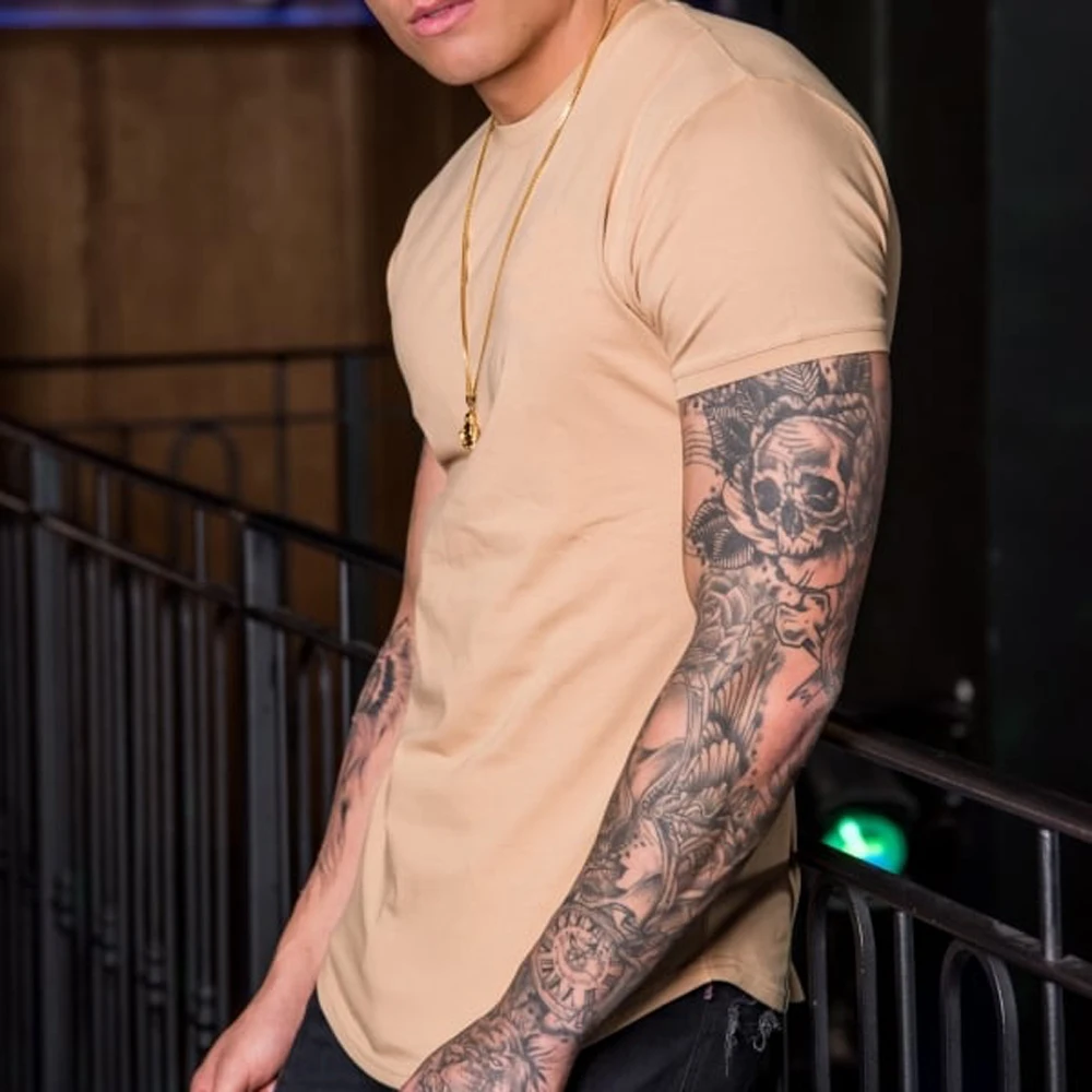 95% Cotton 5% Spandex Fitness Wear Clothes Slim Fit Longline Camisetas Tee-Shirt Stringer Muscle Fitted Athletic Gym Mens Shirts