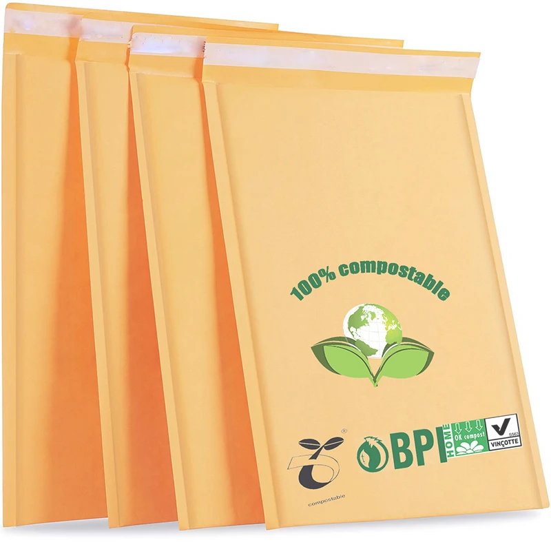 
Yellow Kraft surface & Bio-plastic Bubble inner Express Mailer Deliver Bags, 100%compostable environmental sustainable bio-pouch 