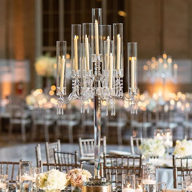 Luxury 9 arms tall clear hurricane crystal candelabra wedding candle holder centerpieces with glass tube lampshade