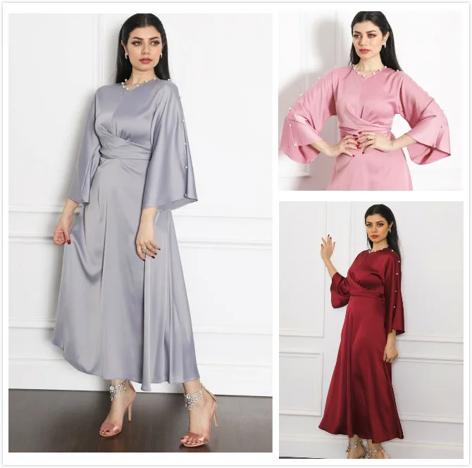 
Direct selling Cross-Border Middle East Dubai High-End Satin Lotus Leaf Sleeve Dress Muslim women 