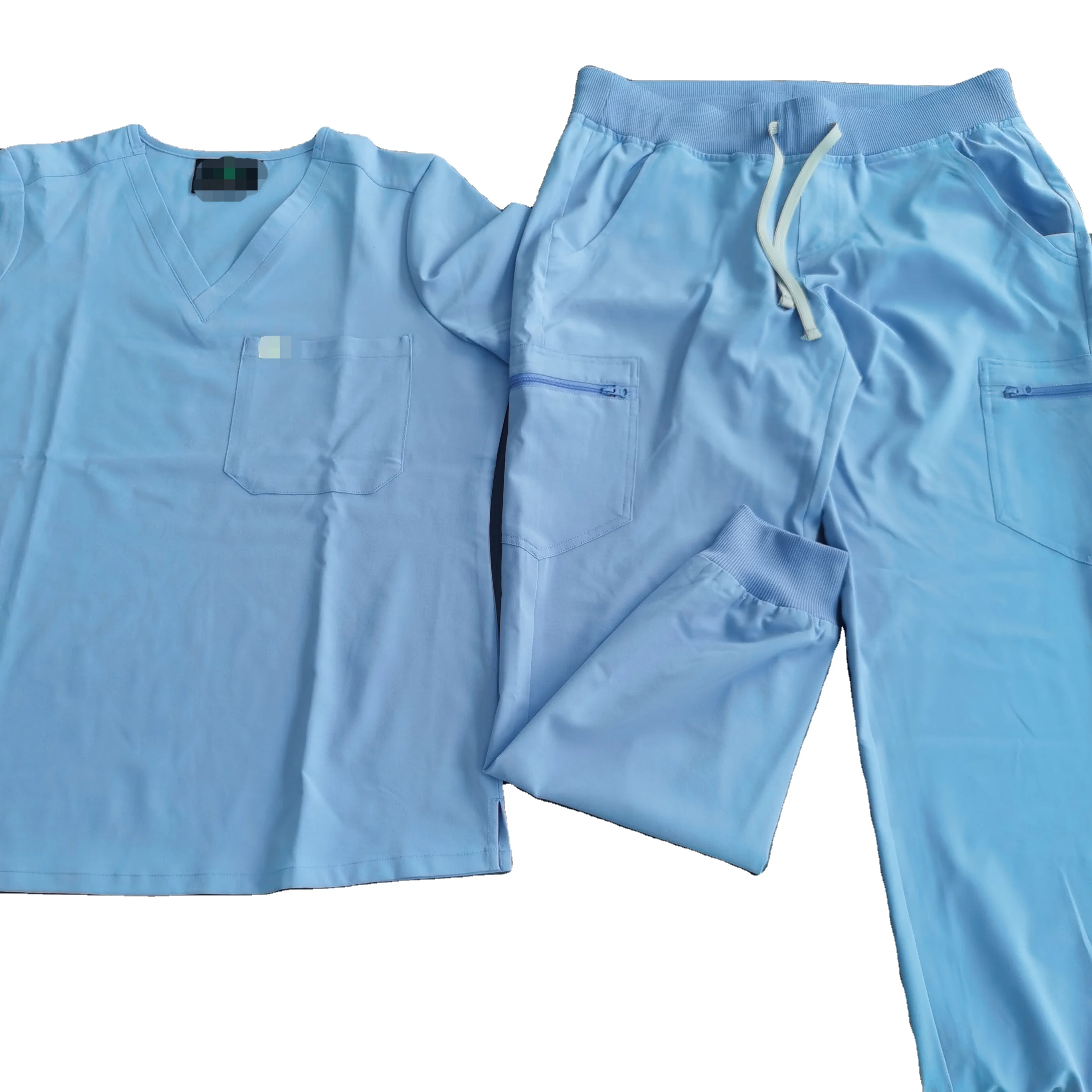 Hospital nursing  uniform comfortable and soft ceil blue color with cargo pocket and jogger pants scrubs suit with woven label