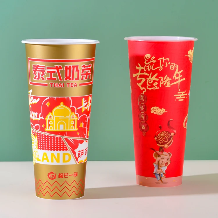 Yuehongkai Plastic Disposable Custom Printed Iml Packaging Round Boba Tea Cup Iml Drinking Containers With Lid