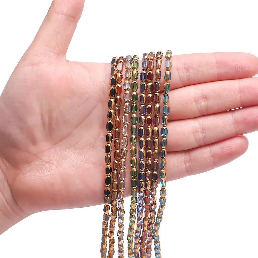 Zhubi Wholesale 4X6MM Colorful Jade Faceted Glass Beads Gold Edge Rice Shaped Round Crystal Beads for Jewelry Making