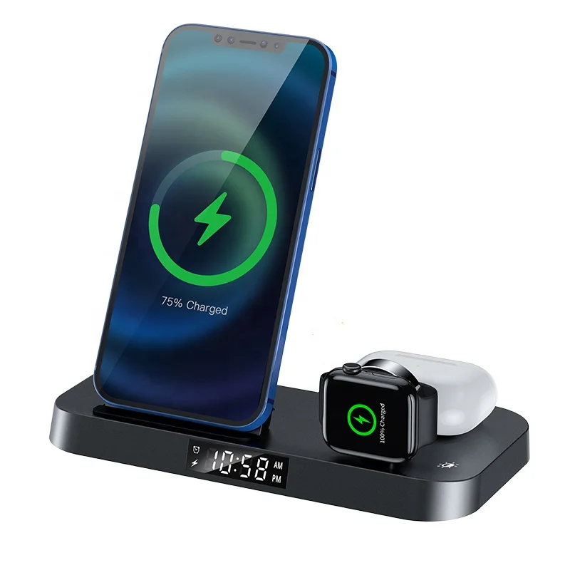 Multifunction Foldable 4 In 1 Wireless Charger Clock Alarm Qi Fast Wireless Charger Stand For Iphone 12 13 Charger Dock Station