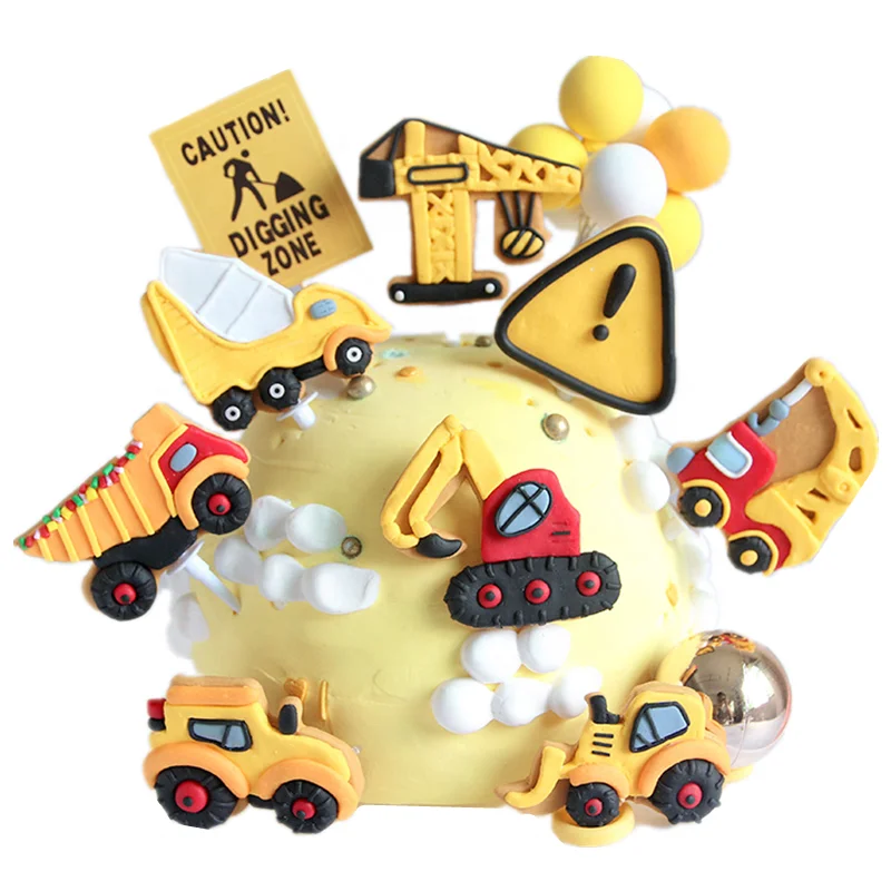 Toy Kids Decor Polymer Clay Engineer Car Construction Truck Excavator Boy Happy Birthday Cake Topper