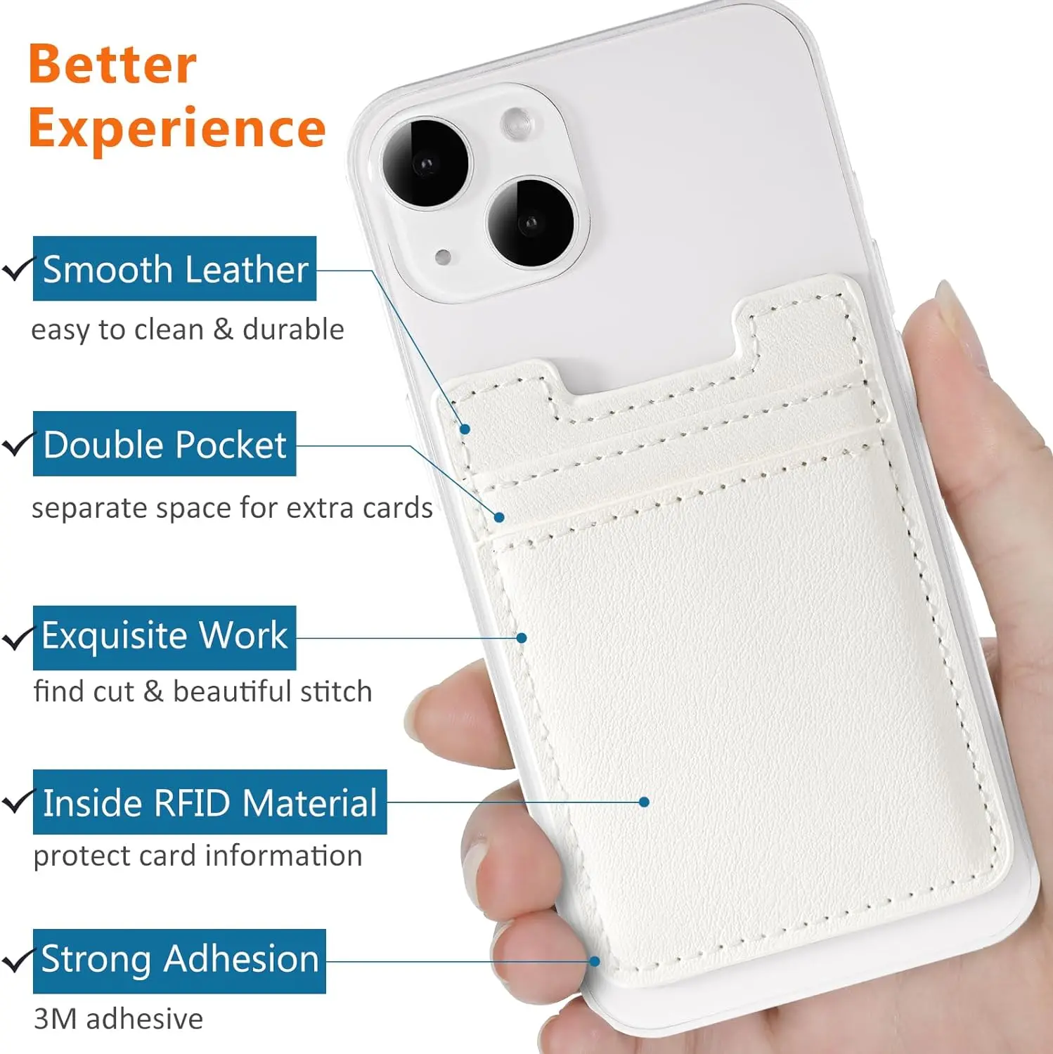 Multifunctional White RFID Phone Credit Card Pocket Wallet PU Leather Phone Adhesive Card Holder For Back of iPhone and Android