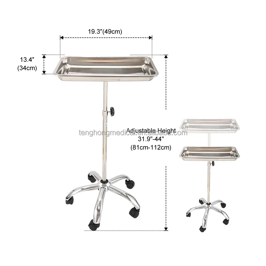 Height Adjustable Medical lifting Steel Mayo Trolley Instrument Stand with Removable Tray