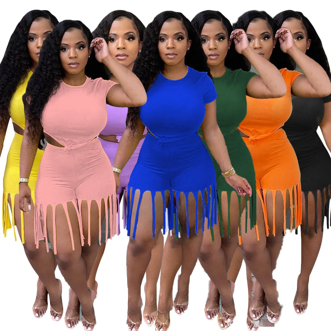 
QC-S390115 2021 new arrivals summer set women two piece shorts and crop top solid breathable long tassels biker short set women 