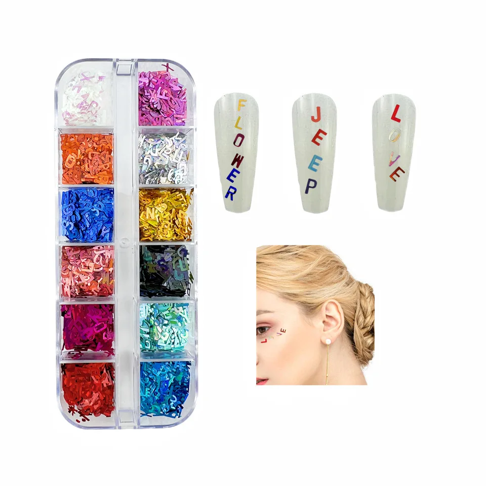 12-case laser lettering sequins laser 26-letter color nail sequins nail drop glue DIY fill accessories wholesale
