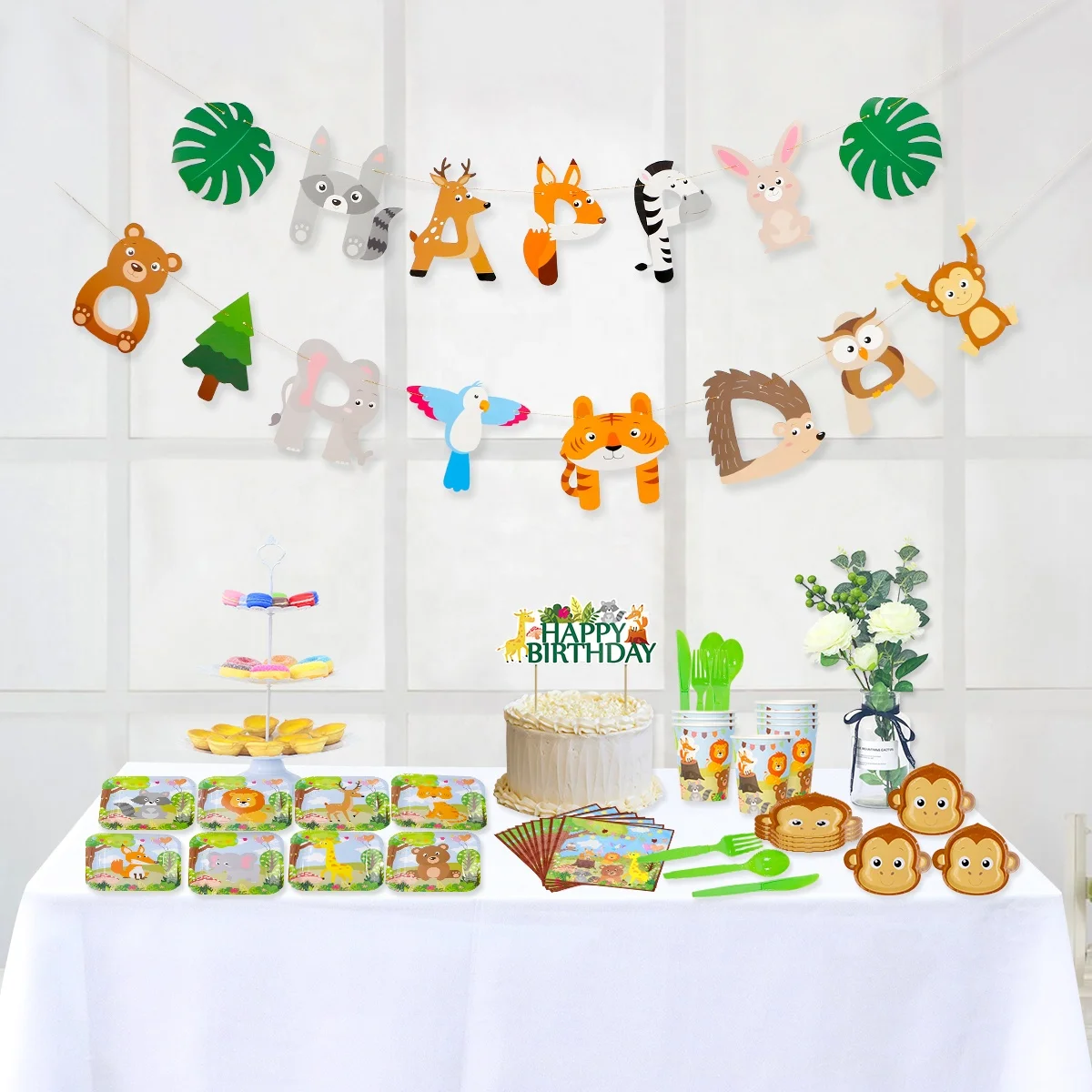 Umiss Paper Jungle Safari Animals Theme Tableware Set Includes Plates, Cups, Napkins Cutlers for Happy Birthday Party Dekoration