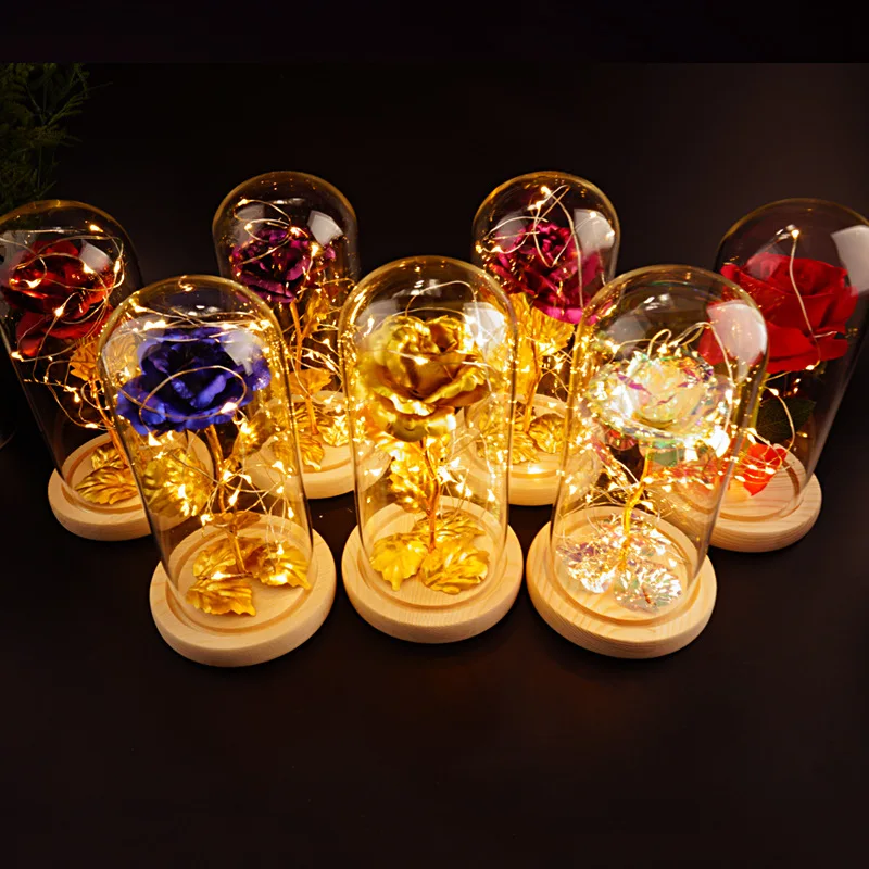 Luxury artificial rose flowers golden leaf rose table decoration light glass dome holiday gift led light rose flower