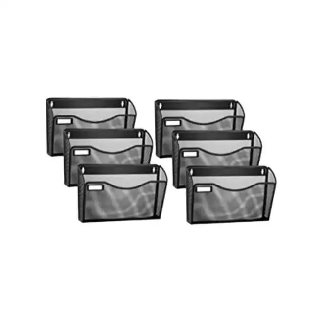 Six metal mesh wall-mounted document and magazine organizers in the office