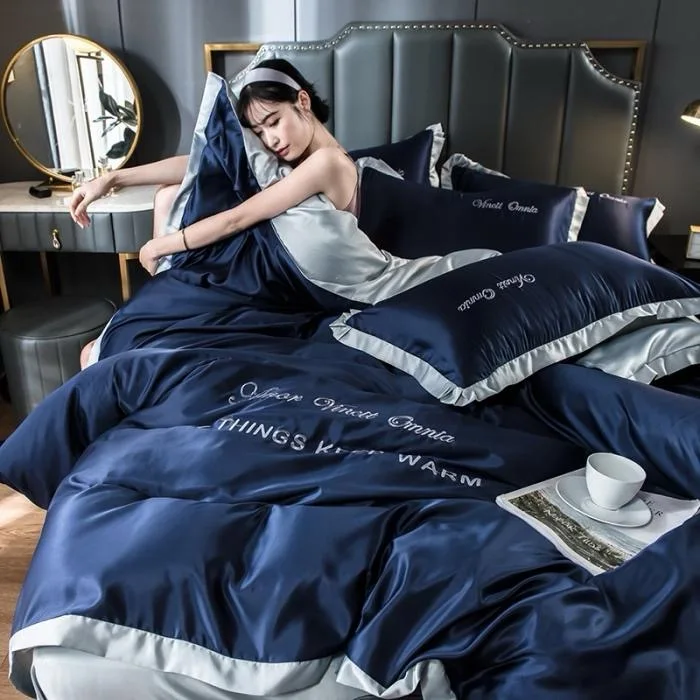 Wholesale High Quality Washed Silk Duvet Cover Sets Two Colors Combined Four- Pieces Bedding Sets