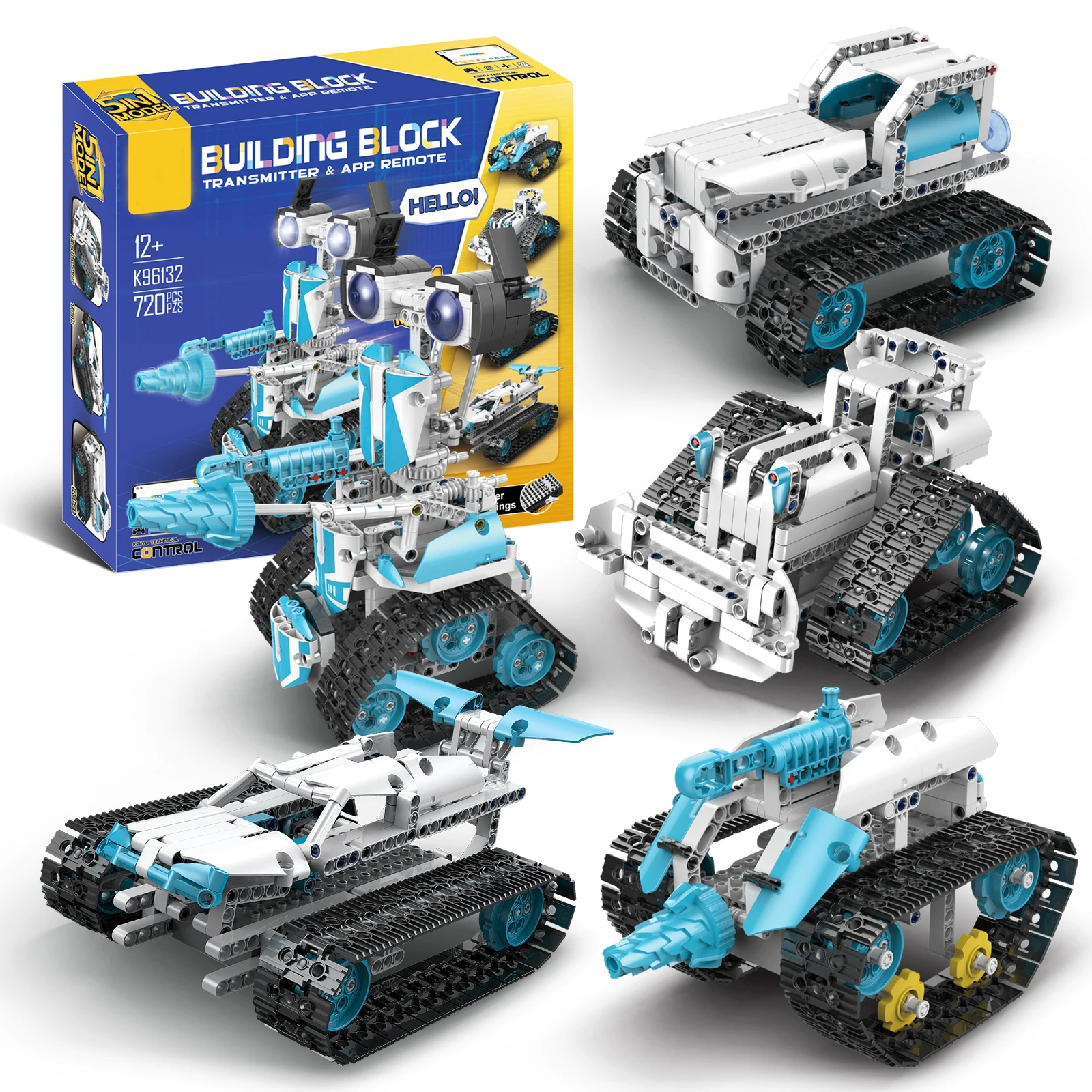 STEM  720PCS 5-in-1 2.4G 4CH Remote and APP Bluetooth Controlled Building RC Robot and vehicle Kit