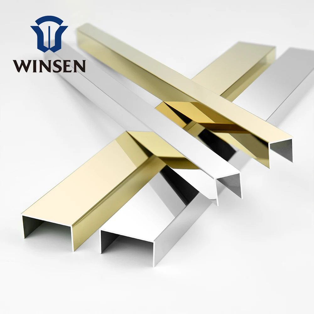 Winsen  304 U Shape OEM Logo Customized Decoration Stainless Steel Metal Profile Mirror Gold Color Tile Trim