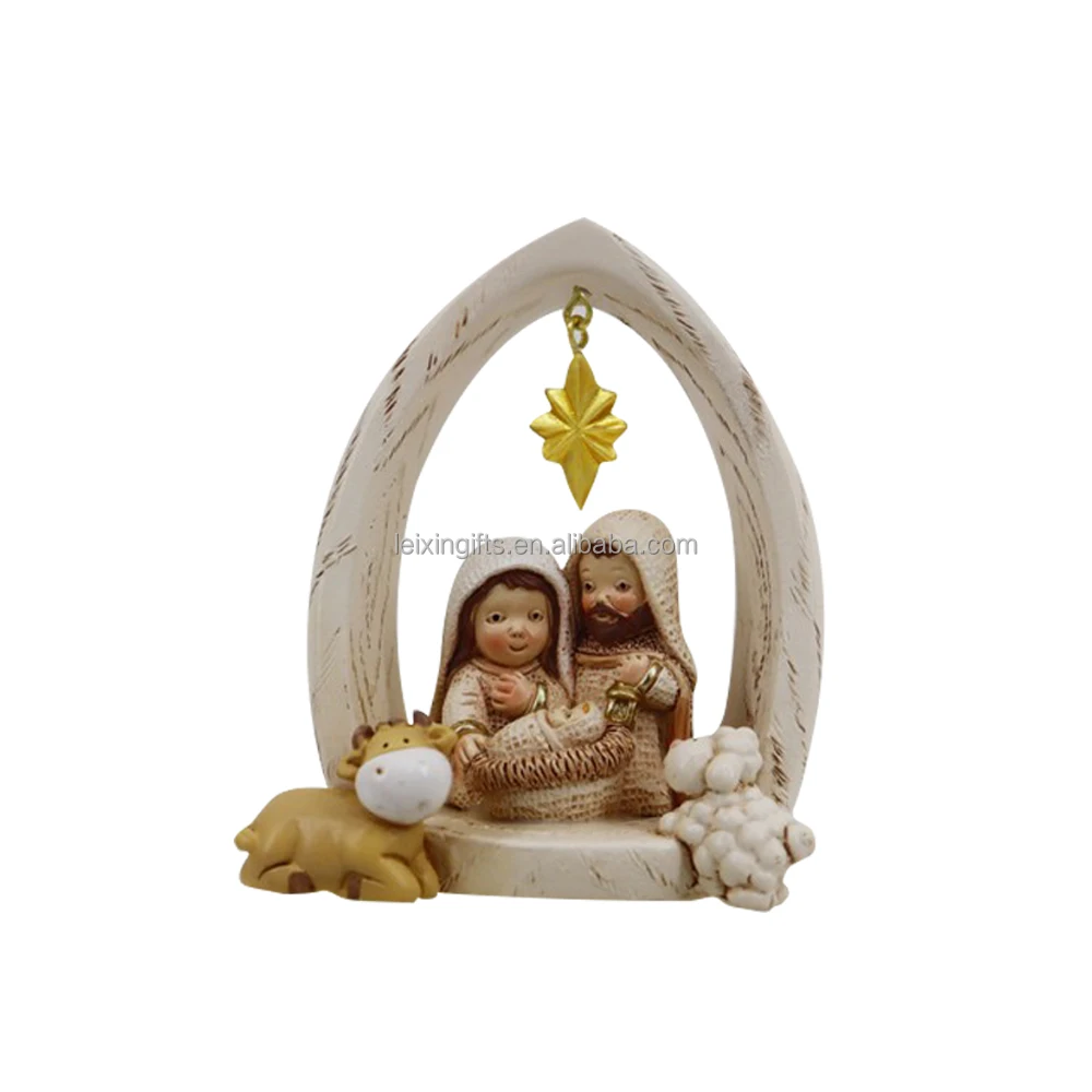 Holy Family Painted Resin Miniature Nativity in Stable Figurine Christmas Nativity Figurine Set with Lambs and cow Figurines