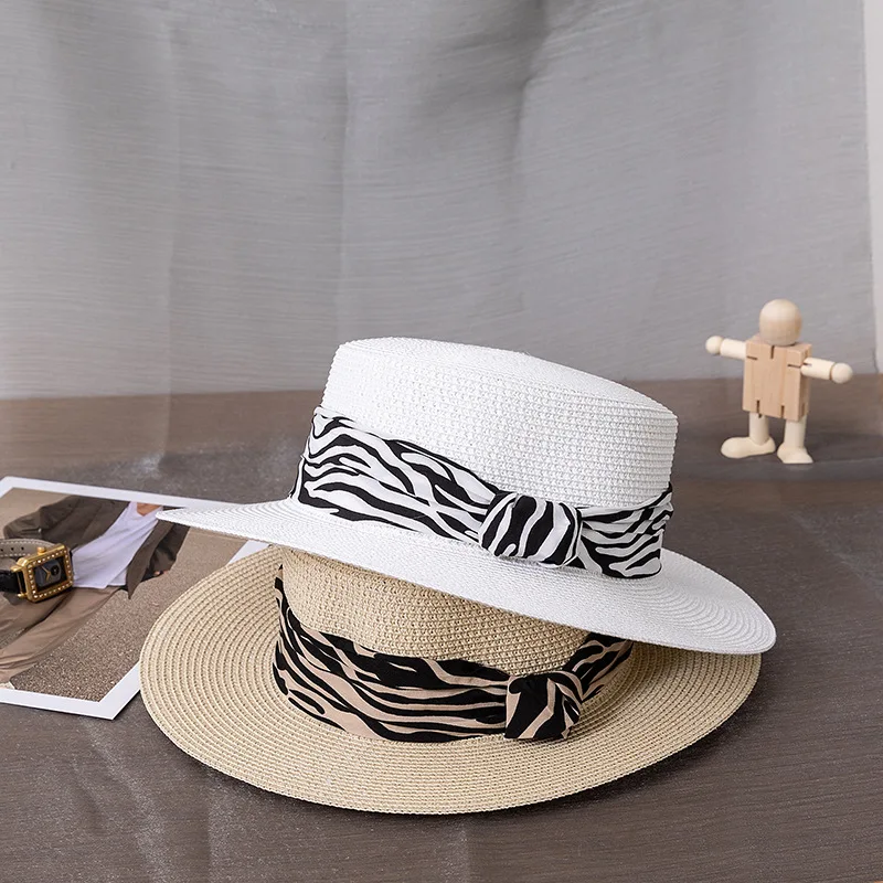 Wholesale Lady Boater Sun Hat Flat Top Straw Beach Hat Round Summer Sun Panama Hat Women