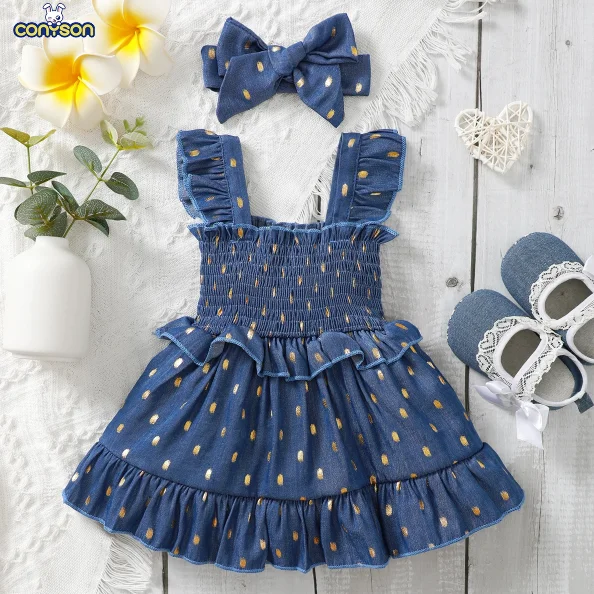Conyson Infant Baby Girl Golden Dot Slip Blue Dress Toddler Girl Summer Fashion Party Princess Dresses with Headband 2Pcs Set