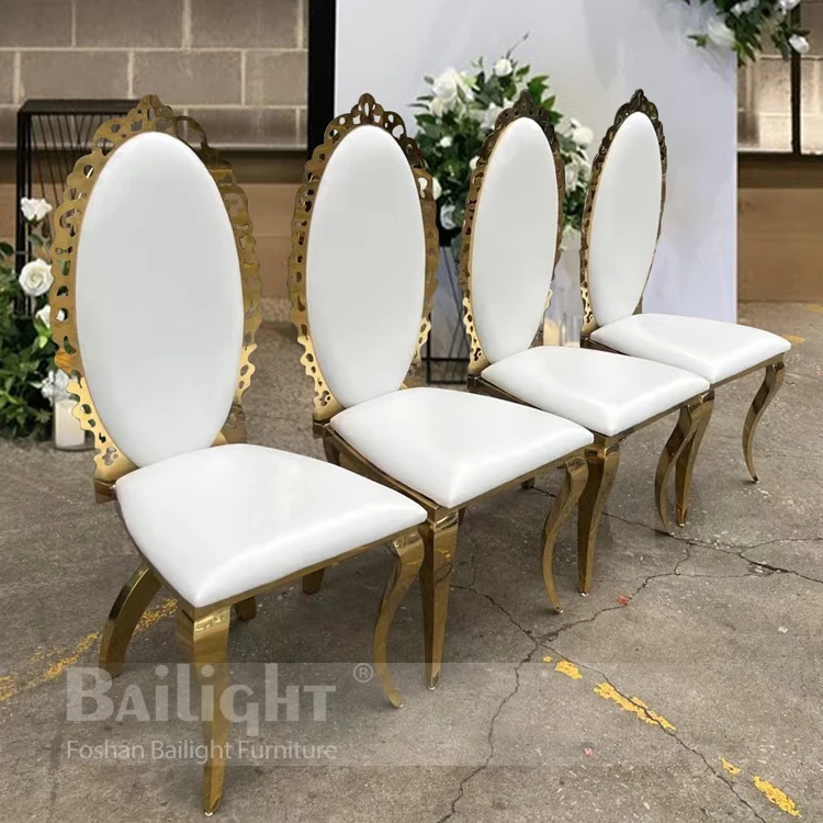 Bailight Luxury Carved Design Gold Frame White Leather Wedding Chair