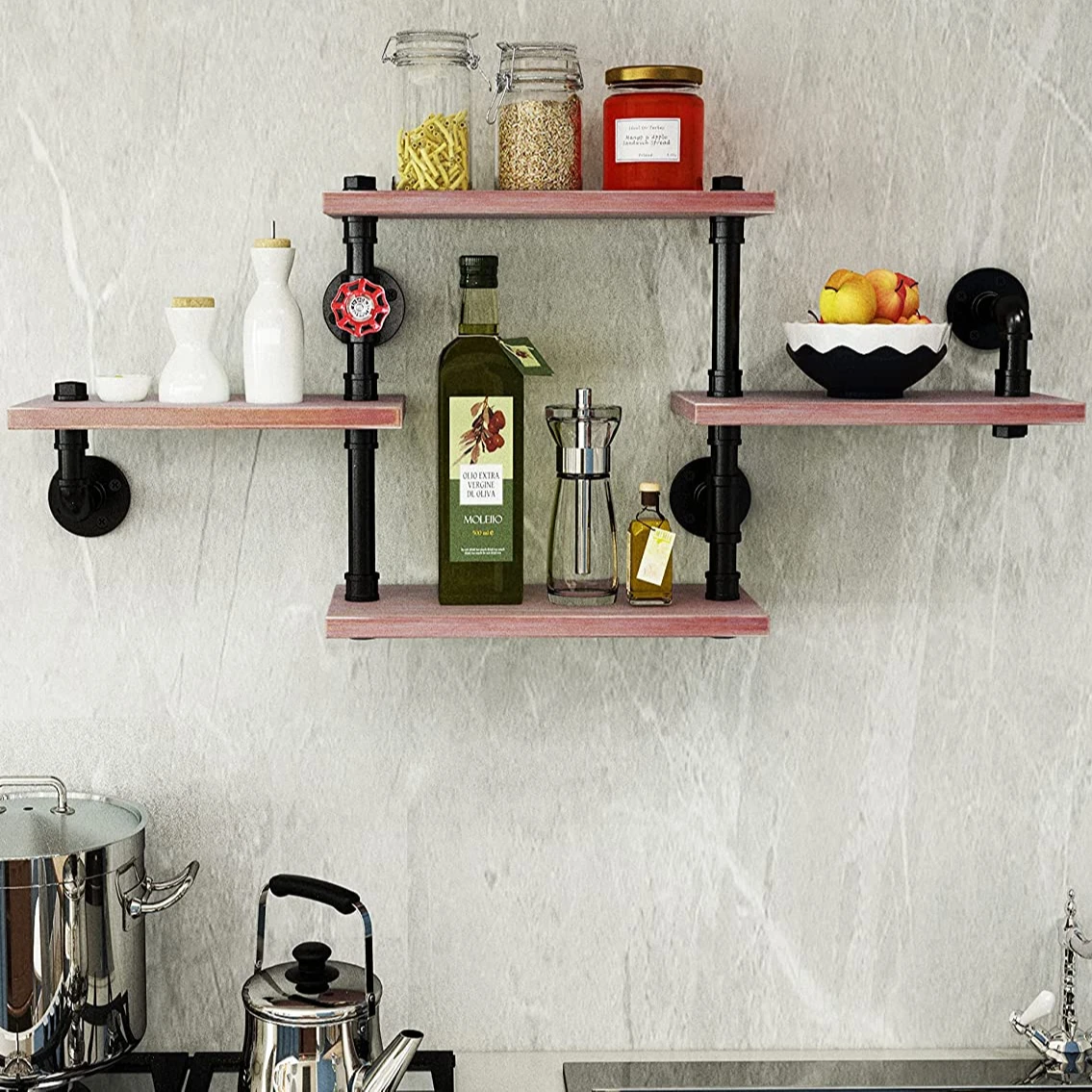 High Quality Industrial Retro Wall Mounted Iron Pipe Rack DIY Storage Shelf 4 Tiers Wall Decor Shelf for Kitchen