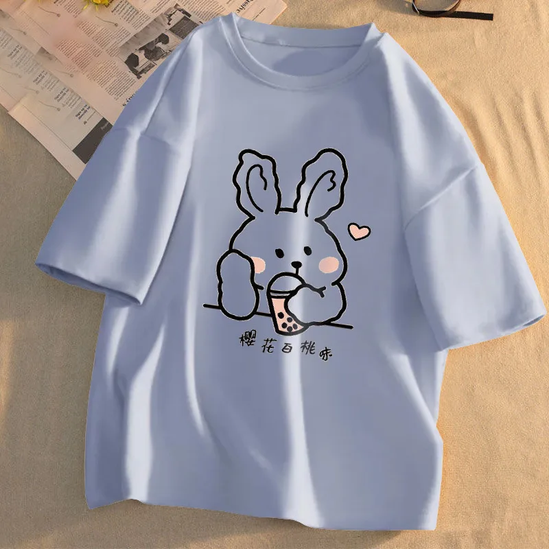 2022 Summer New Korean Version Round Neck T-shirt Print Cute Women Loose Cartoon Casual Short-sleeved Women Large Size Knitted